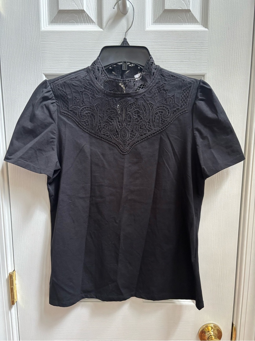 Charter Club Black Mick Neck Lace Overlay Yoke Short Sleeve Top, Size S, NWOT